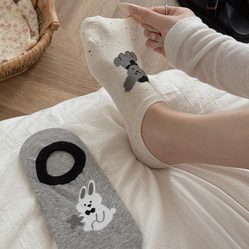 Black, White and Grey Summer Thin Silicone Anti-slip Color-blocking Boat Socks Cartoon Animal Dot Yarn Boneless Invisible Socks