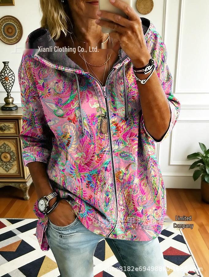 3D Retro Art Long Sleeve Faux Denim Hooded Cardigan for Women Size 4XL