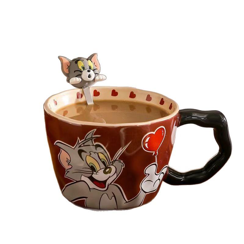 Tom a Jerry Velký keramický hrnek se lžičkou - Roztomilý studentský snídaňový hrnek, Skvělý dárek k narozeninám