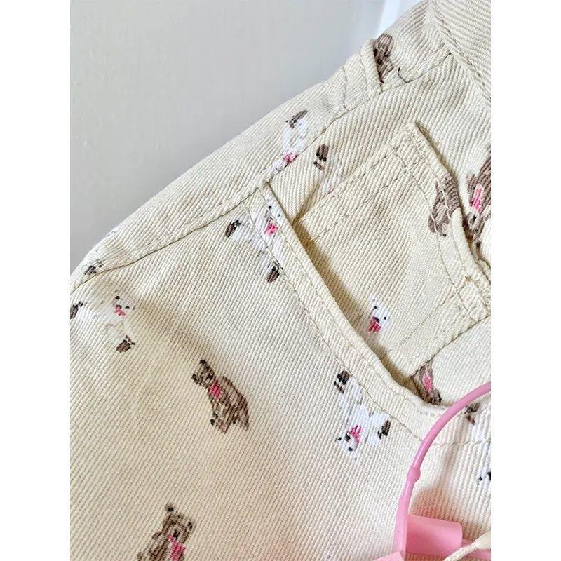 New Bear Print White Thin Jeans Women's Design Sense Niche High Waist Drape Straight Wide-leg Pants