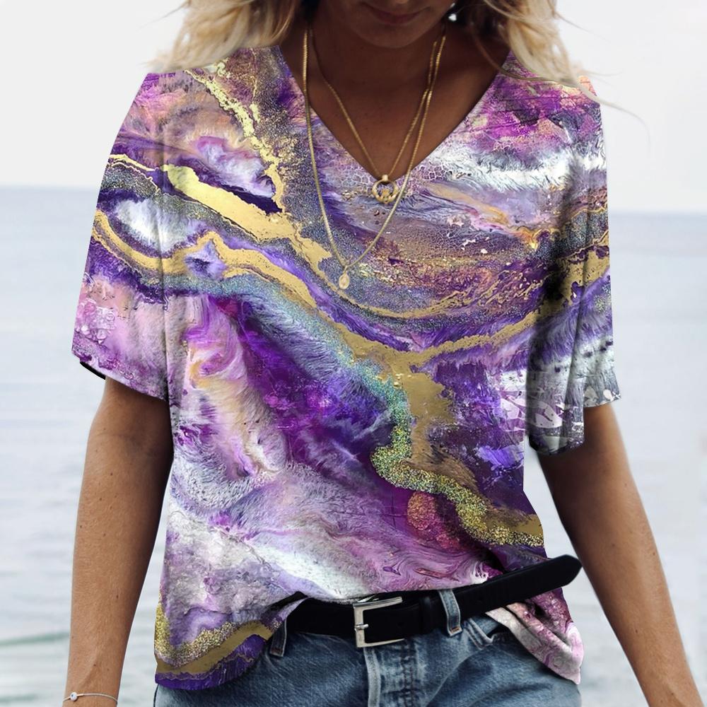 New Marble Gradient 3D Print T-Shirts Women V-Neck Short Sleeve T Shirt Y2k Harajuku Oversized