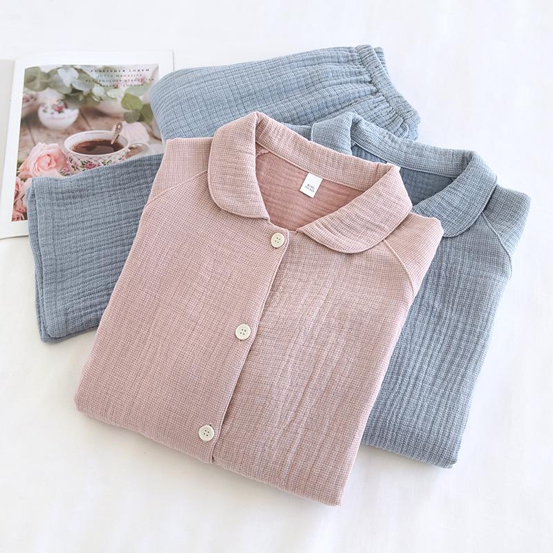 Set pigiama primaverile per coppia: Spesso Plaid in Puro Cotone, Manica Lunga da Donna e da Uomo, Vestibilità Ampia