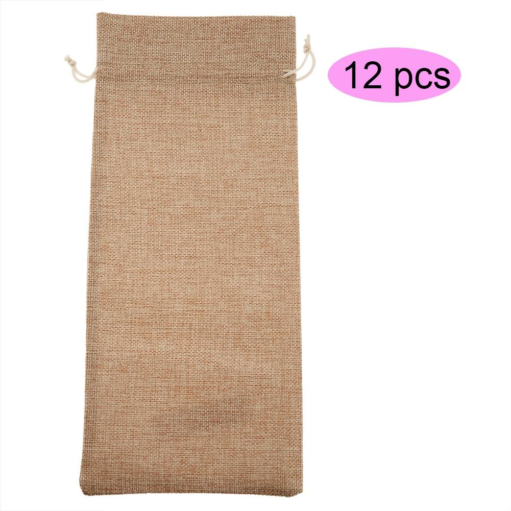 

12pcs Simple Linen Fabric Wine Bag with Drawstring Champagne Decorative Cover Dark hemp