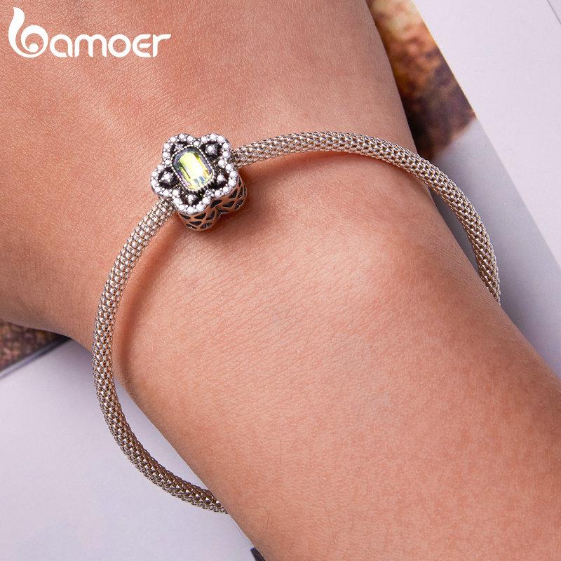 Bamoer 925 Sterling Silver Delicate Flower Charm Fit for Women Shining Stone Charms Original Bracelet & Bangle Fine Jewelry Gift