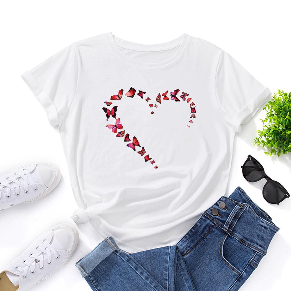 Heart Butterfly Cotton T-Shirt Short Sleeve Round Neck Women 2d Print Tops