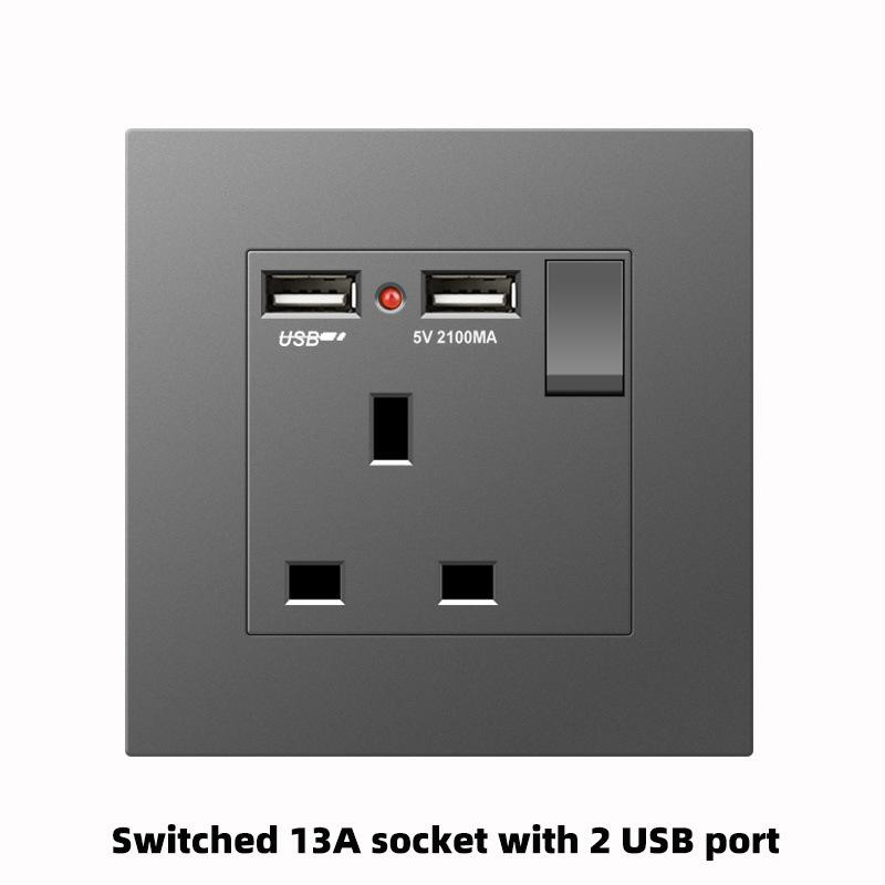 UK Grey 86 Panel 13A Household Wall Power Switch Socket, with USB, 220V Universal Socket, 18W Type-C Fast Charging Socket,