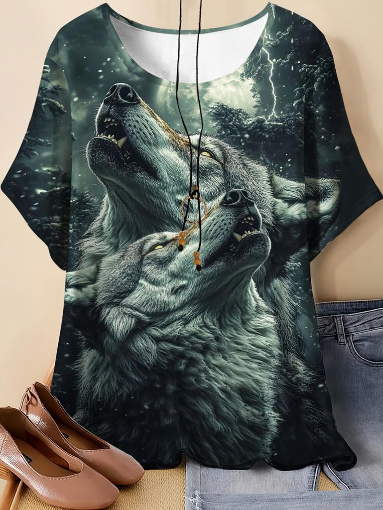 Neues Damen T-Shirt 3D Wolf Druck Rundhals Kurzarm Mode Grafik T-Shirts Lustige Streetwear Tops Y2k Lockeres T-Shirt Damen Kleidung