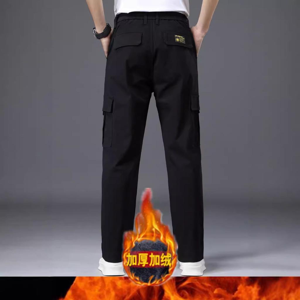 Winter Men'S Warm Cotton Stretch Work Pants With Thick Velvet And Loose Straight Tube Elastic Waist Multi Pocket Casual Pants