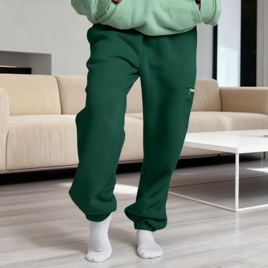 Women Sweatpants Elastic Waist Wide-Leg Casual Trousers with Pockets Solid Color Thickened Plush Lining Sport Sweatpants