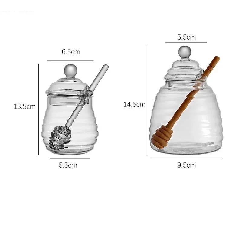 Glass Honey Jar with Lid Transparent Jam Striped Bottle Home Kitchen Storage Container Mixing Rod