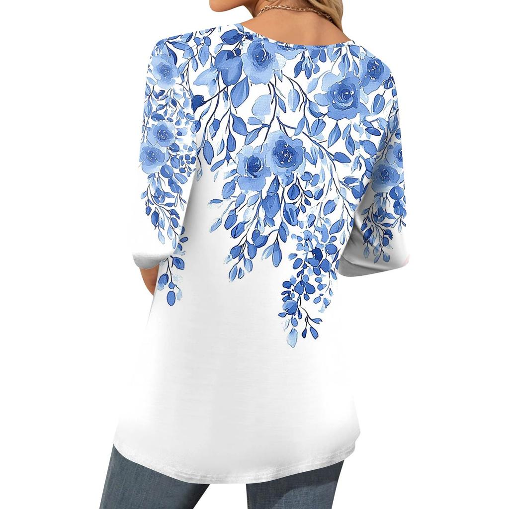 Women's Fashion Casual Three-quarter Sleeve Printed Round Neck Top