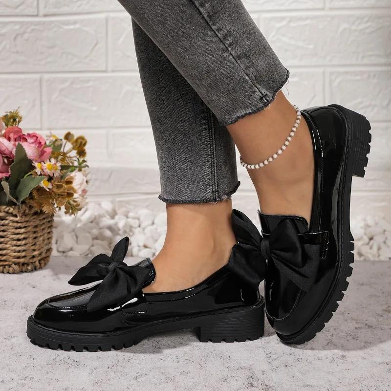 2025 Women's High Heels Classic Office Professional High Heels Women's Bow Round Toe Medium Heel Slip-On Loafers
