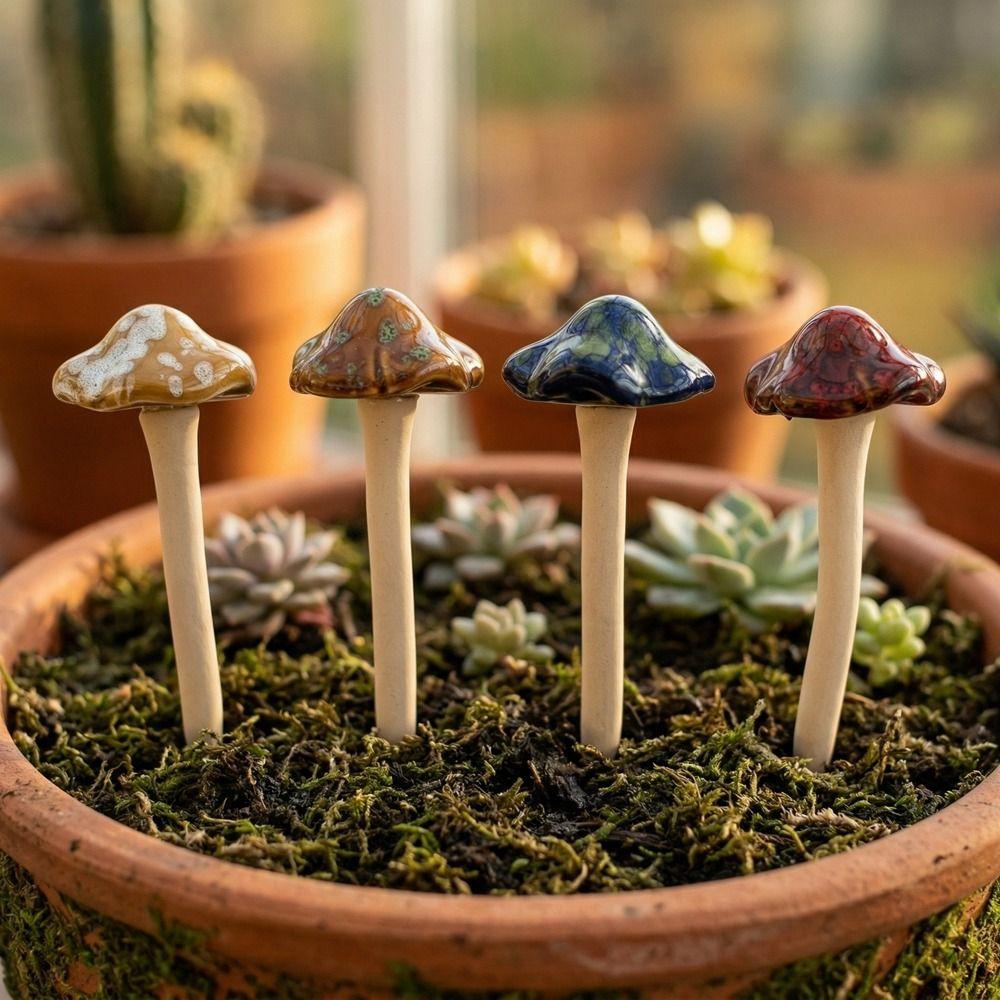 4PCS Realistic Pottery Sculpture Mini Garden Landscape Statue Fairy Mushroom  Flower Pot Decoration