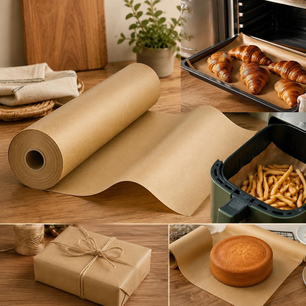 Rollo de Papel de Hornear, Marrón 30 cm x 5 m Hoja para Bandejas de Horno, Cestas de Freidora de Aire, Pasteles, Galletas y Envoltura de Cocina