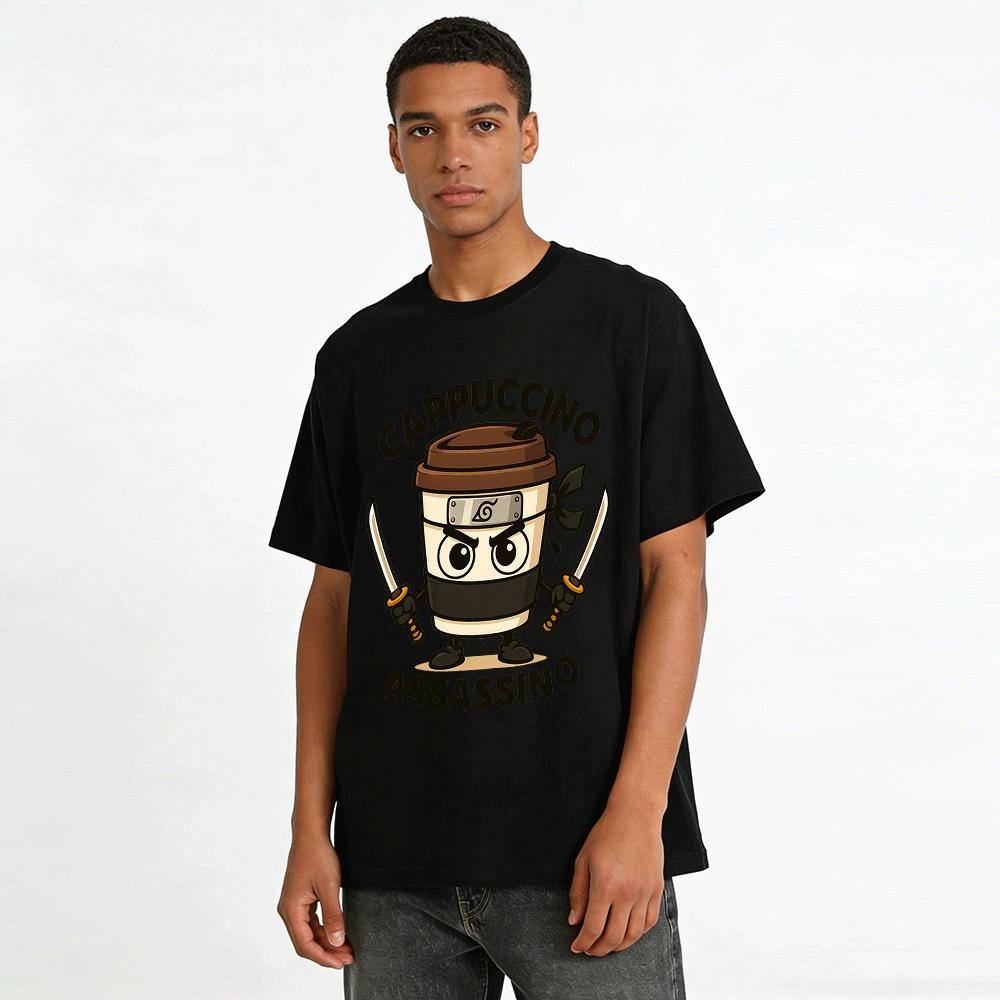 Cappuccino Assassino Ninja Coffee Cup Graphic Casual Top Pure Cotton T-shirt