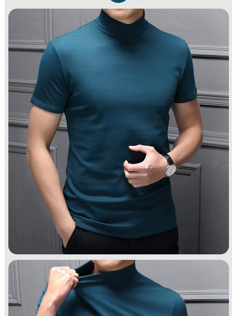 Men's Spring/Summer Milk Silk Turtleneck T-Shirt - Slim Fit, Solid Color, Short Sleeve