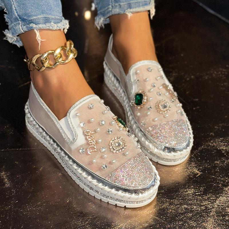 Platform Loafers Women Summer Mesh Breathable Mesh New Rhinestone Pearl Heighten Slip-On Pink Single Shoes