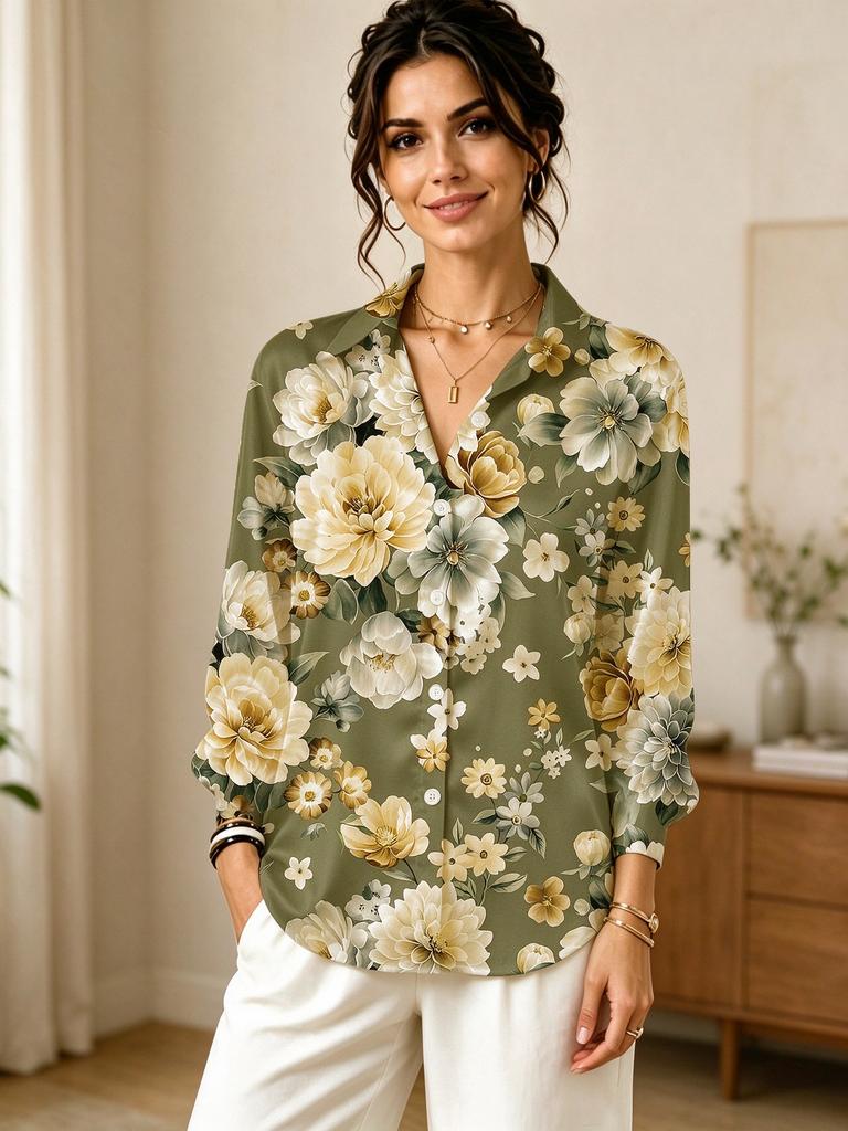 Women's Purple Floral Print V-Neck Long Sleeve Blouse Elegant Casual Shirt