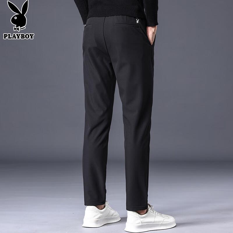 PLAYBOY Casual Pants for Men, Spring And Summer Trousers, Business Slim-Fit Trendy Elastic Long Pants, Black, Size 29