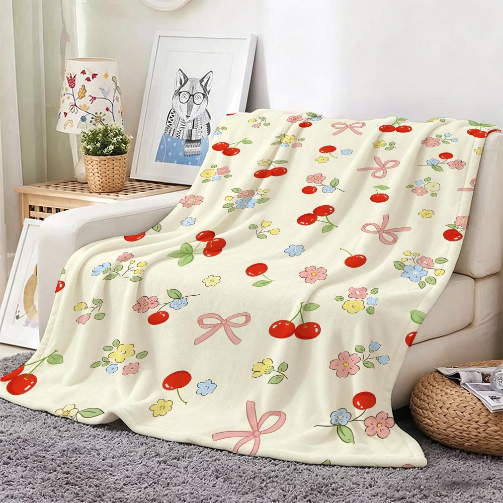 Art Illustration C-Cherry Floral Bow Throw Lightweight 240g Flannel Blanket Soft Skin-friendly for Summer Cooling