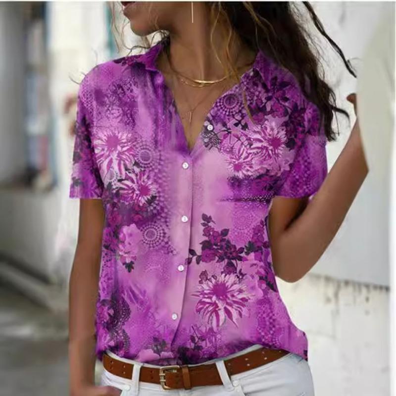 Sommer Neue Gedruckt Kurzarm Casual Lose Blusen Frauen Slim Fit Tops Mode Plus Größe Shirts für Frauen Vintage Button Up Revers Weibliche Hemd 26619