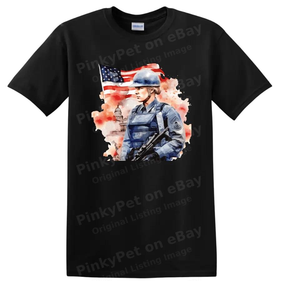American Soldier T Shirt Military Woman Armed w/ Flag Patriotism Tee