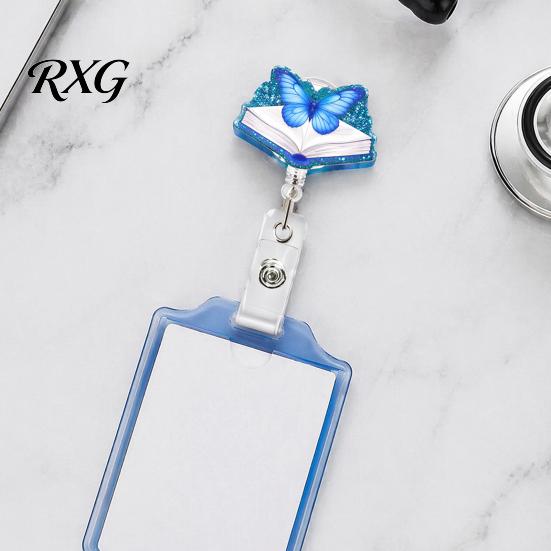 Retractable ID Card Reel Cute Glitter Badge Reels, Acrylic Holder with Clip, for Office Nurse Teacher Name Keychain Hook