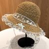 French small floral lace edge strap breathable straw hat women's summer braided butterfly brim foldable lightweight top hat