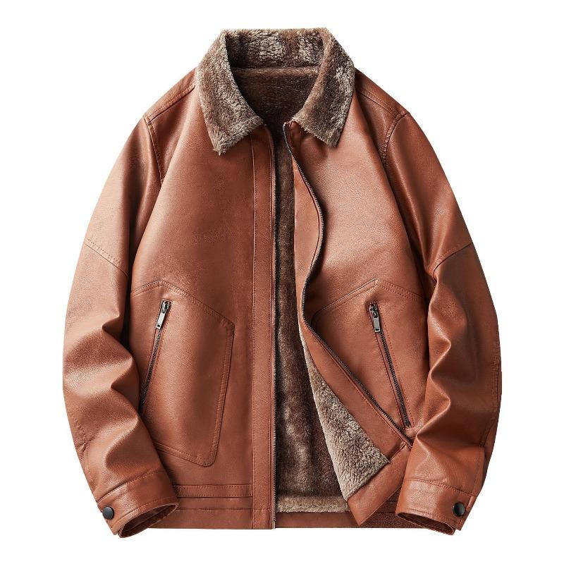 Men's new top thickened fleece leather jacket autumn and winter men's leather jacket leather light business casual square collar fashion hundred