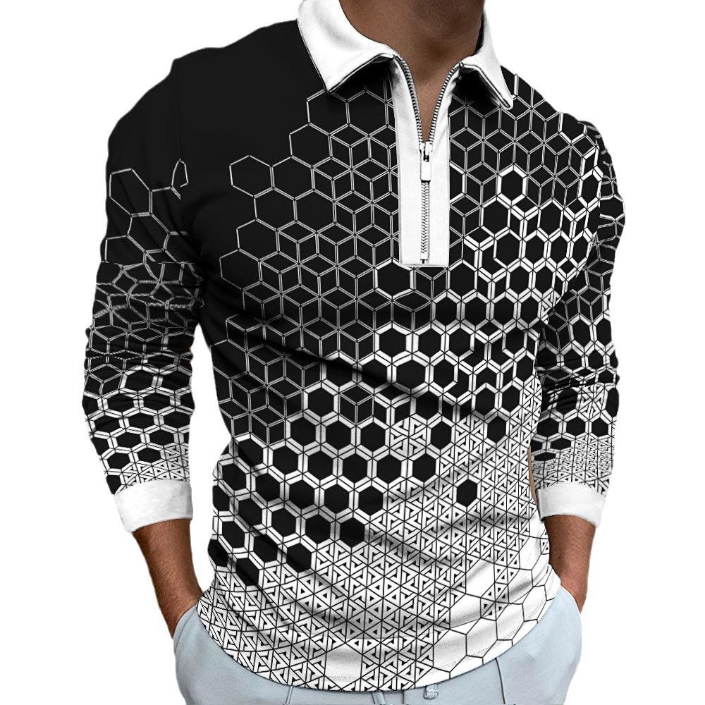 Men's Zip Fashion Slim Men's 3D Plaid Digital Print Long Sleeve Polo Shirt Top