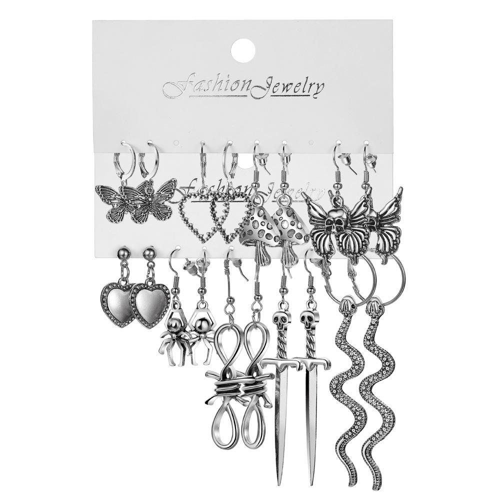 Vintage Silver Color Earrings Set for Women Long Sword Mushroom Butterfly Skeleton Snake Gothic Hang Earrings Jewelry