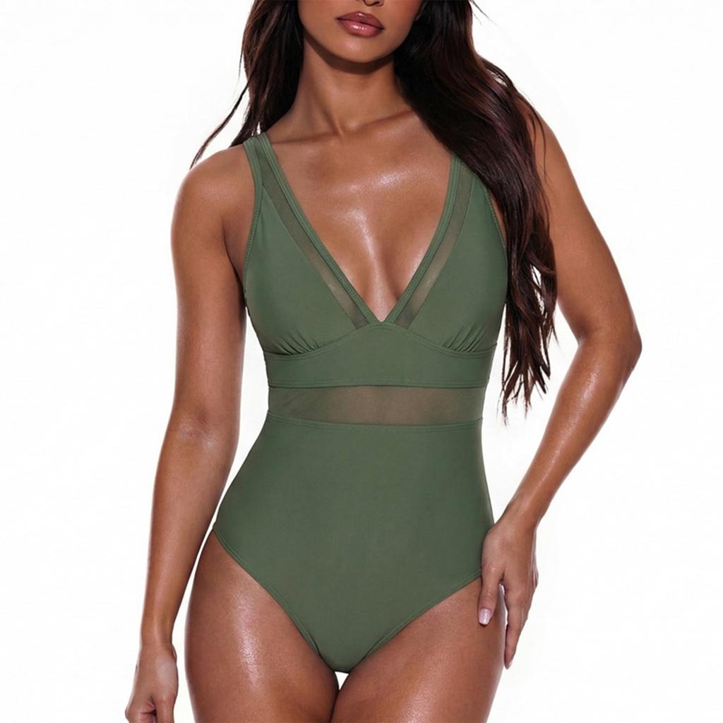 Swimsuit for Women Deep V Neck Mesh Panel Bathing Suit Tummy Control Backless Swimwear Beachwear