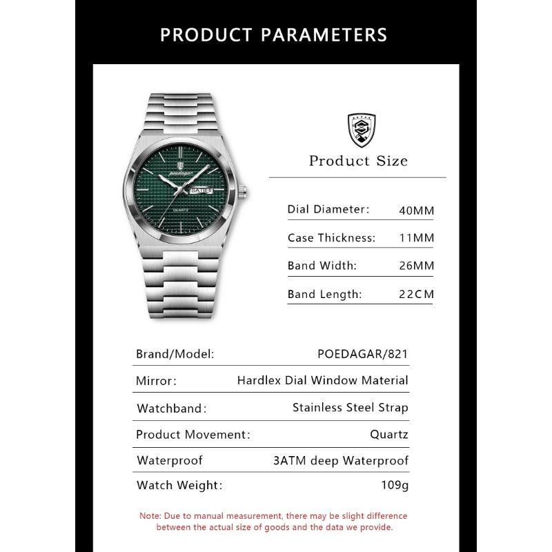 POEDAGAR Luxury Business Men's Quartz Watches Date Week Man Stainless Steel Watch Waterproof Luminous Fashion Wristwatch+Box