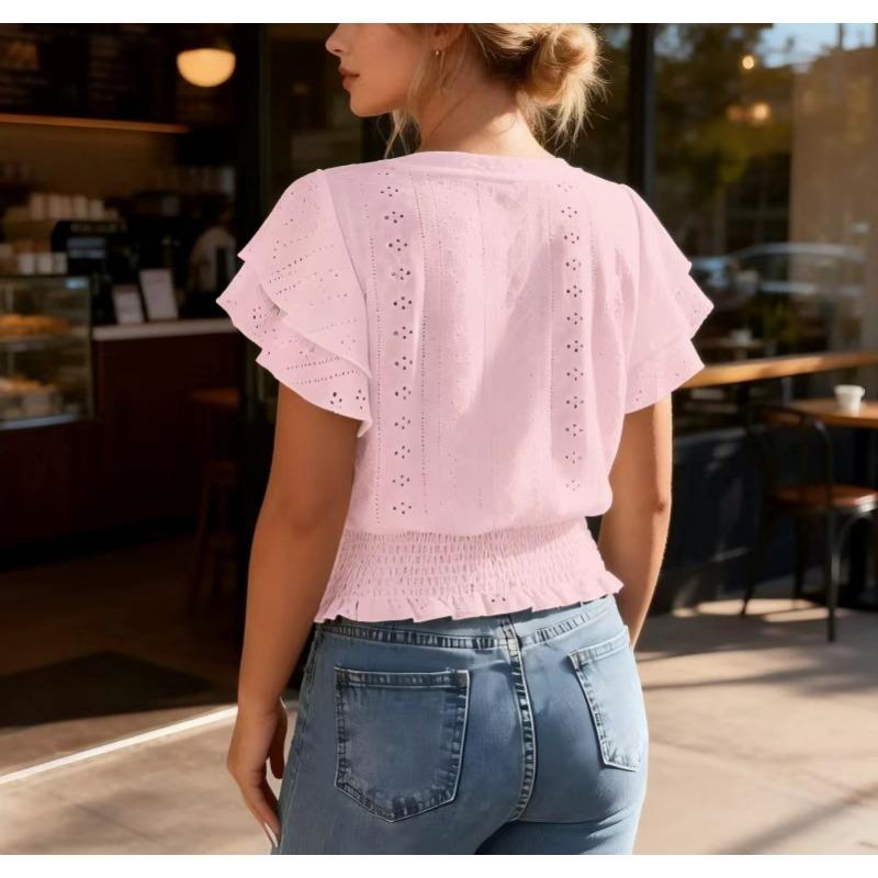 Women Round Neck Eyelet Embroidery Ruffle Sleeve Smocked Waist Casual Blouse Tops