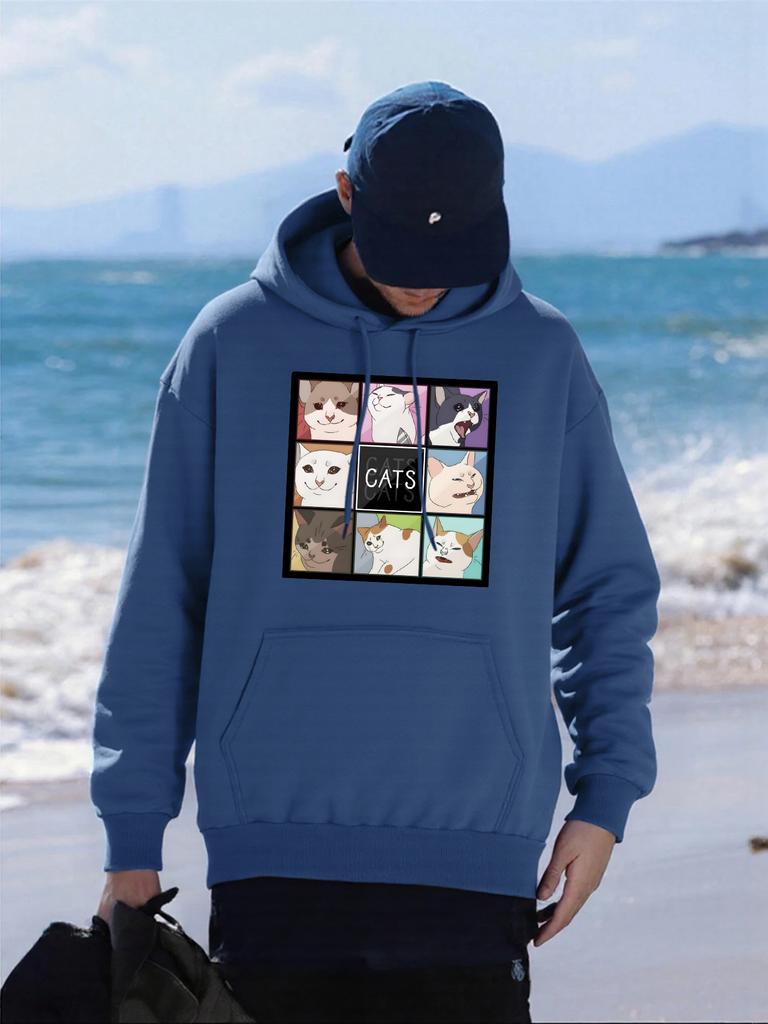 Cartoon Cat Nine Palace Grid Print Men Hoody Pocket Fleece Hoodie Autumn Multicolor Sportswear Oversized Hip Hop Male Pullover