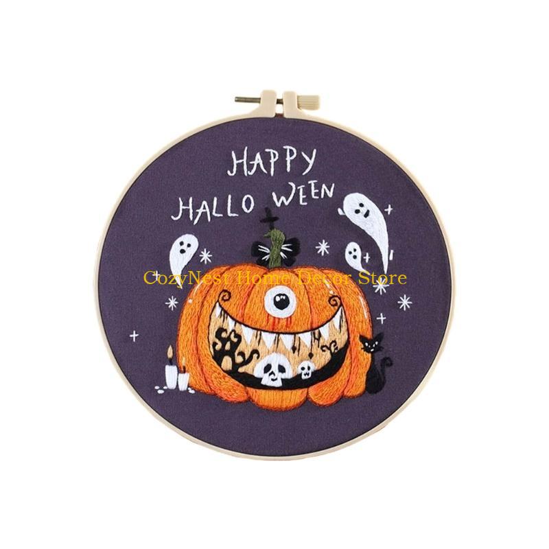 92MF Embroidery Starter Kits for Beginners Include Embroidery Clothes with Halloween Pattern Instructions Hoop Fabric Needle
