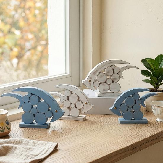 Decorative Wooden Fish Ornaments Hollow Design Coastal Style Fish Desktop Decoration Rustic Beach Style