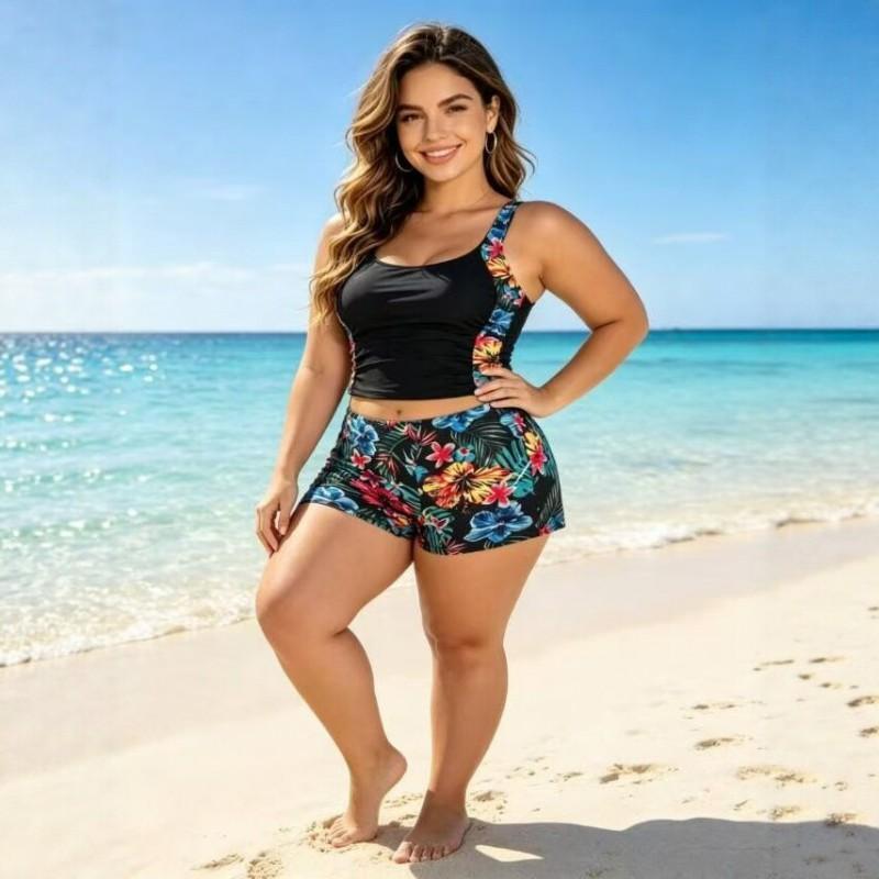 Yüksek Bel Şortlu Kadın Çiçek Baskılı Bikini Takımı Plaj Tatili İnce Gösteren Mayo