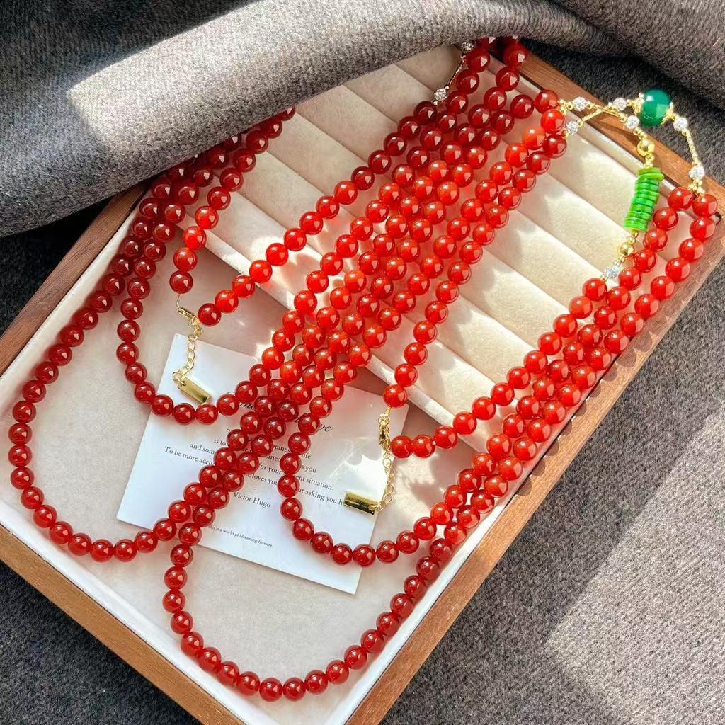 High Quality Pigeon Blood Red New Year'S Red Natural Chalcedony Agate Design Sweater Chain Necklace Collarbone Chain