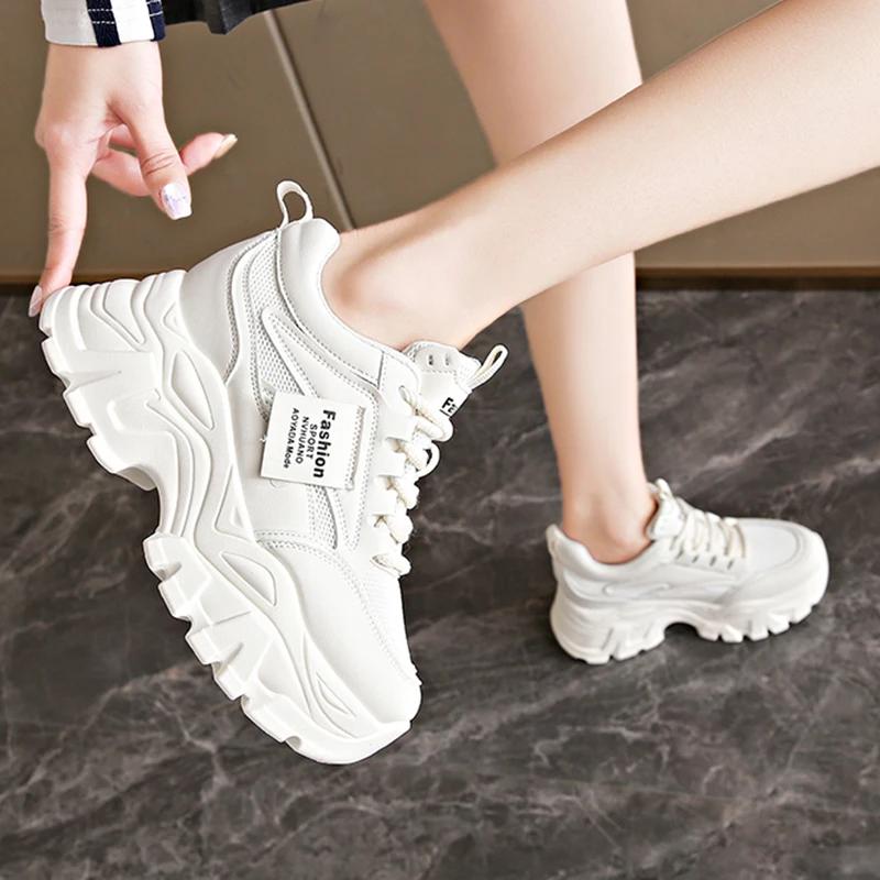 Fashion Lace Up Chunky Sneakers for Women Comfort Breathable Platform Sports Shoes Woman Pu Leather Thick Bottom Running Shoes