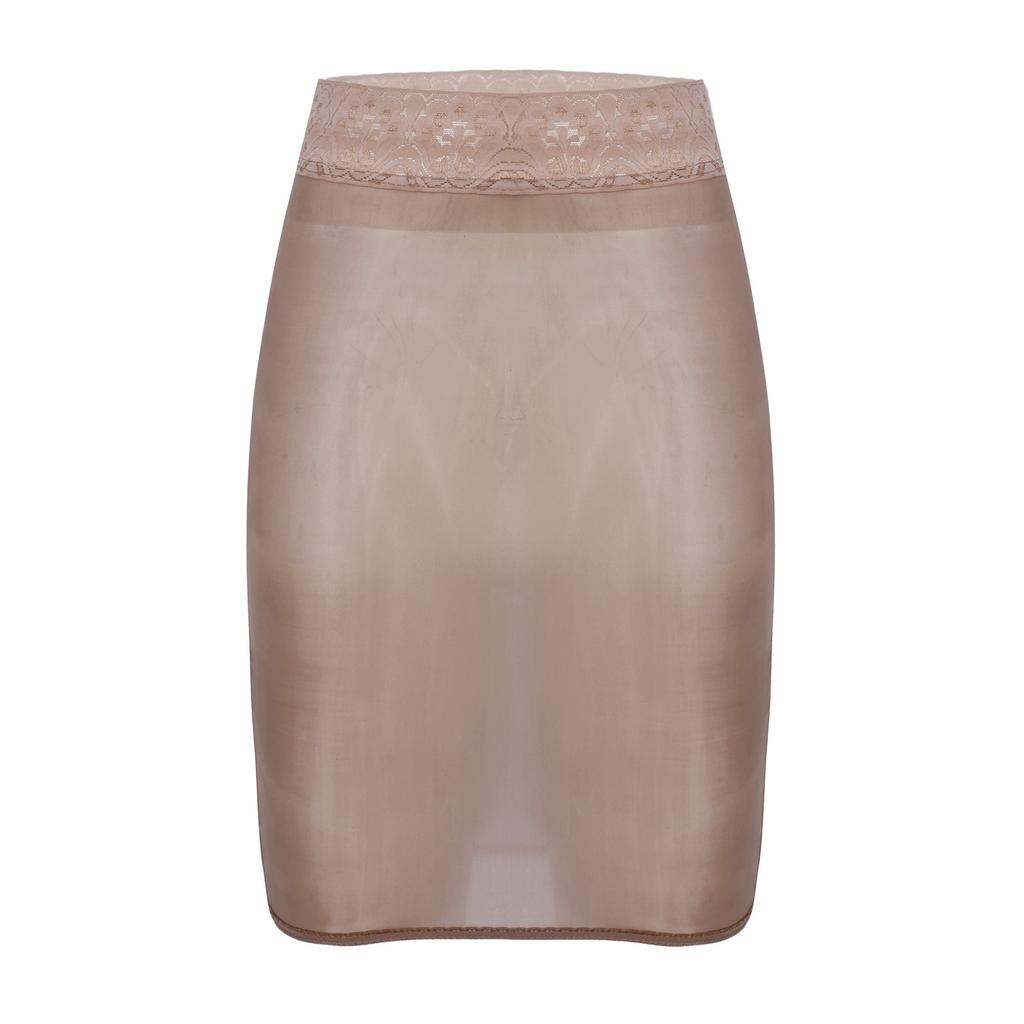 Womens High Waist Lace Patchwork Pencil Skirt Glossy Stretchy Fabric Semi Sheer Bodycon Skirt