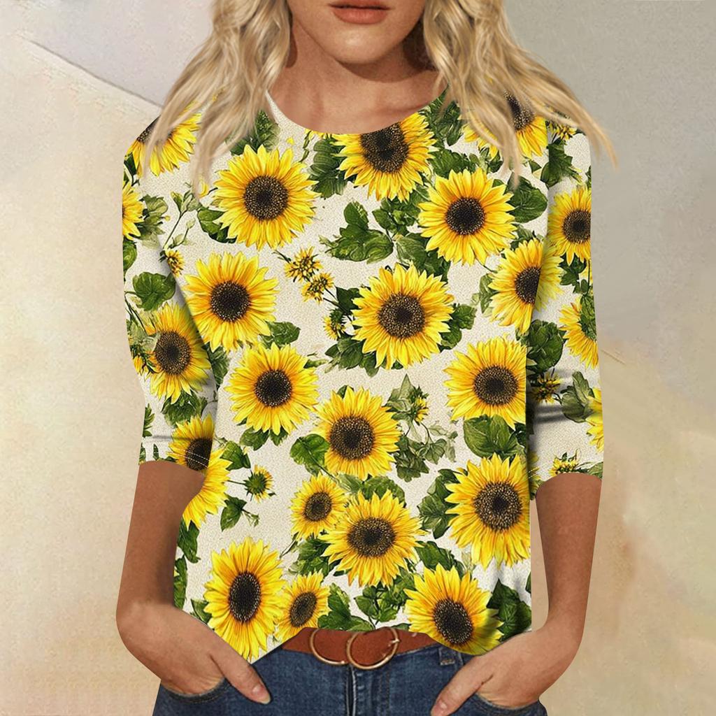 Women's Fashionable Casual Round Neck Three-Quarter Sleeve Printed T-Shirt Top