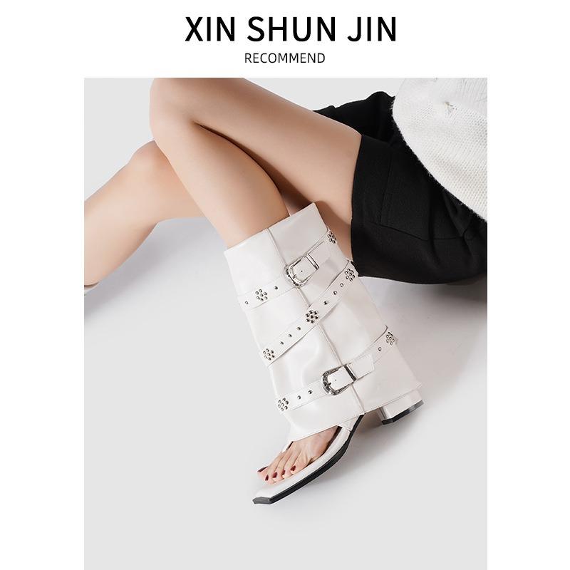 Punk style black rivet toe herringbone cool boots women's shoes summer new retro buckle Spice Girls trouser boots