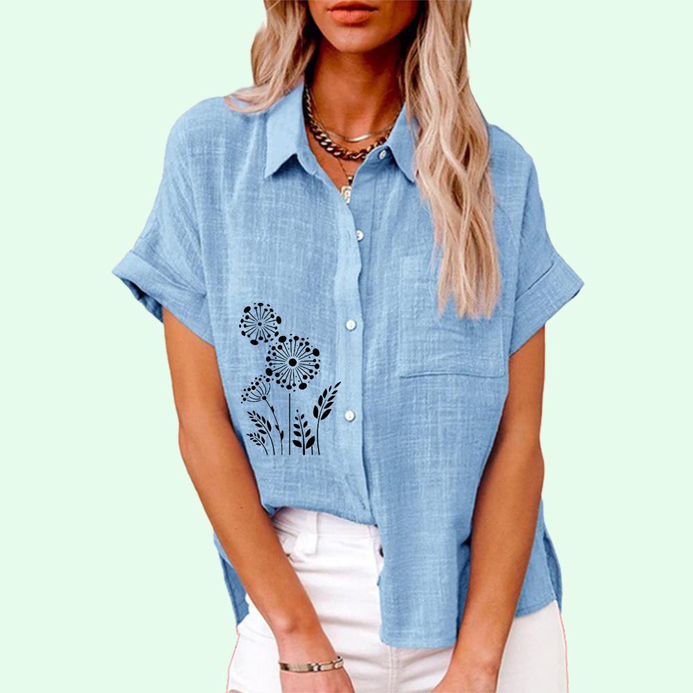 

Жіноча модна футболка з принтом на лацкані, літо та осінь, повсякденний лляний топ, жіноча футболка на ґудзиках, вільні блузки з коротким рукавом 5XL світло-синій колір