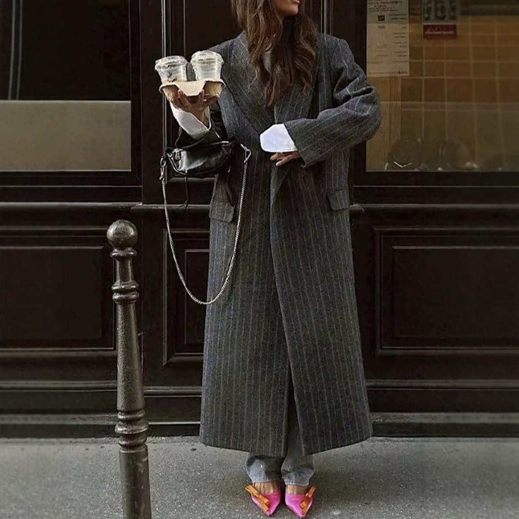 Women's Pinstripe Long Coat Notched Lapel Single Breasted Pockets Loose Fit Casual Elegant Outerwear