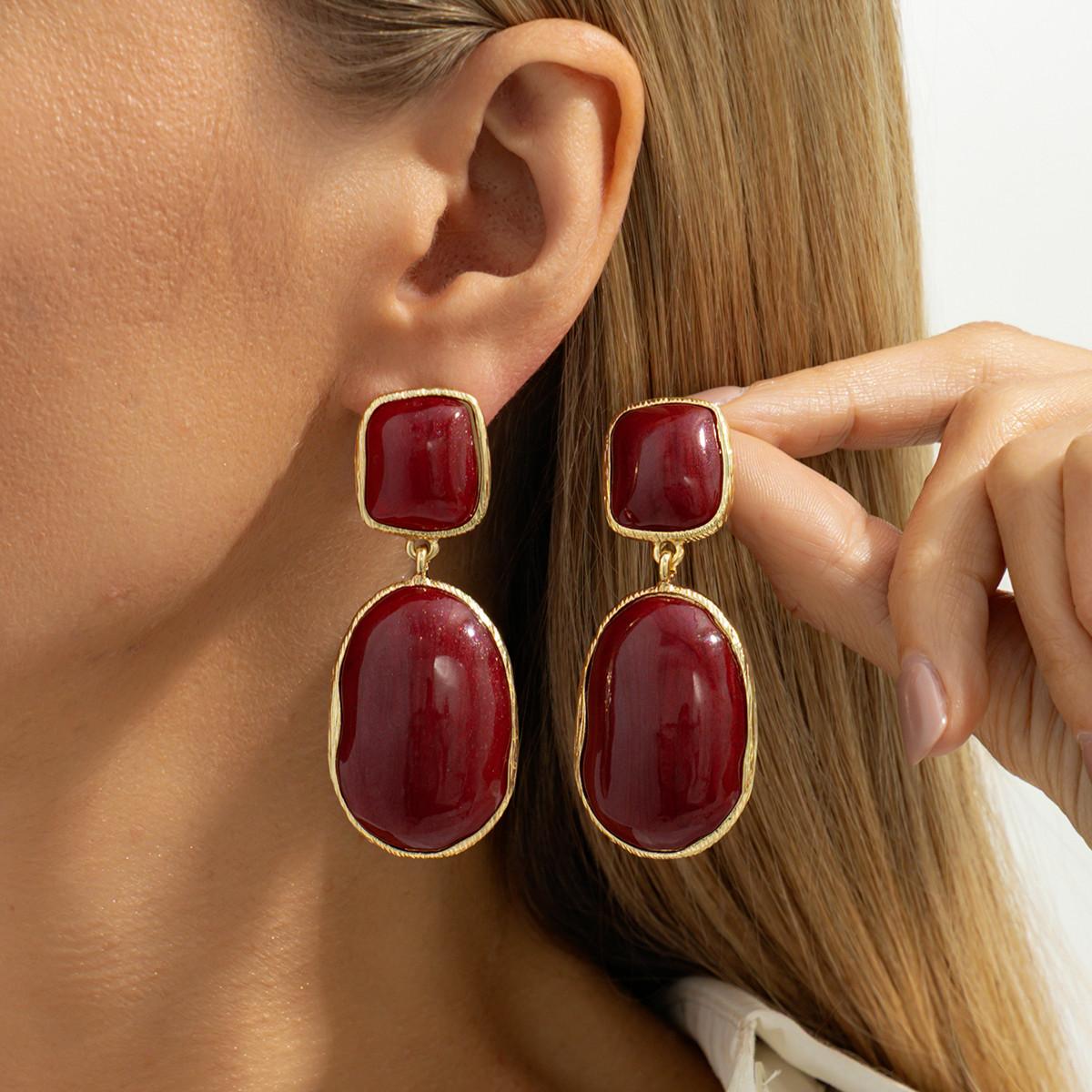 

Ingemark Vintage Red Big Ellipse Resin Pendant Drop Earrings for Women Elegant Trendy Metal Piercing Earrings Party New Jewelry