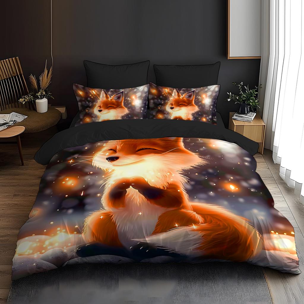 Warm Minimalist Style 3D Pattern of Animal Fox Bedding Set Elves Brushed Digital Printing Duvet Cover Soft Comfortable for Bed