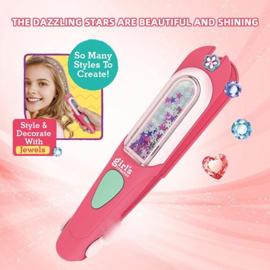 Glitter Rhinestone Tool Safe Kids Hair Gemstone Styling Set with Magnetic Pink Comb 24 Colorful Gem And Clips Creative