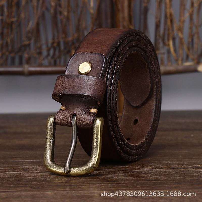 Bälte Herr Retro Distressed Tjockt Äkta Nötskinn Läder Spänne Trendigt Allmatchande Jeansbälte