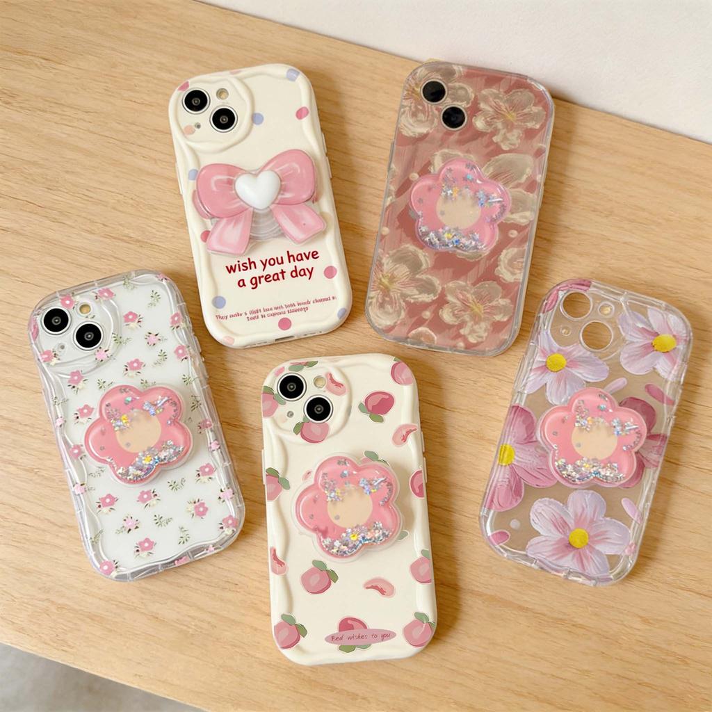 Korean Flower Bracket Holder 3D Wave Case For Realme 15 5G 15 14 13 12 Pro 11 Plus C71 C75 C53 C55 Note 60 C61 GT6 Cover Funda S